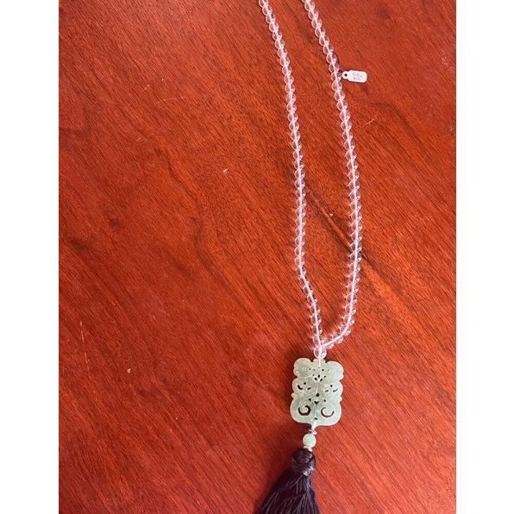 Vintage Carved Jade Pendant with Silk Tassels Clear Knotted Beads